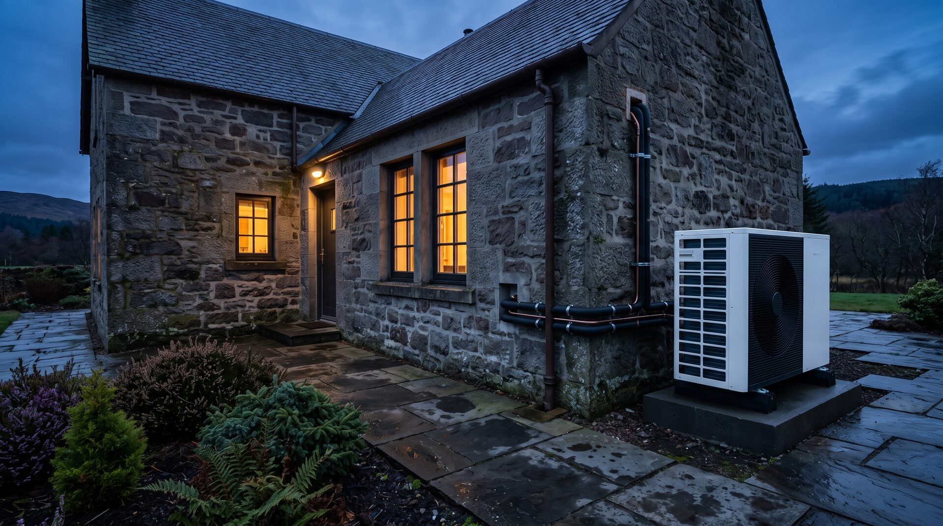 Air source heat pump installed beside a stone-built house at dusk (illustrative)