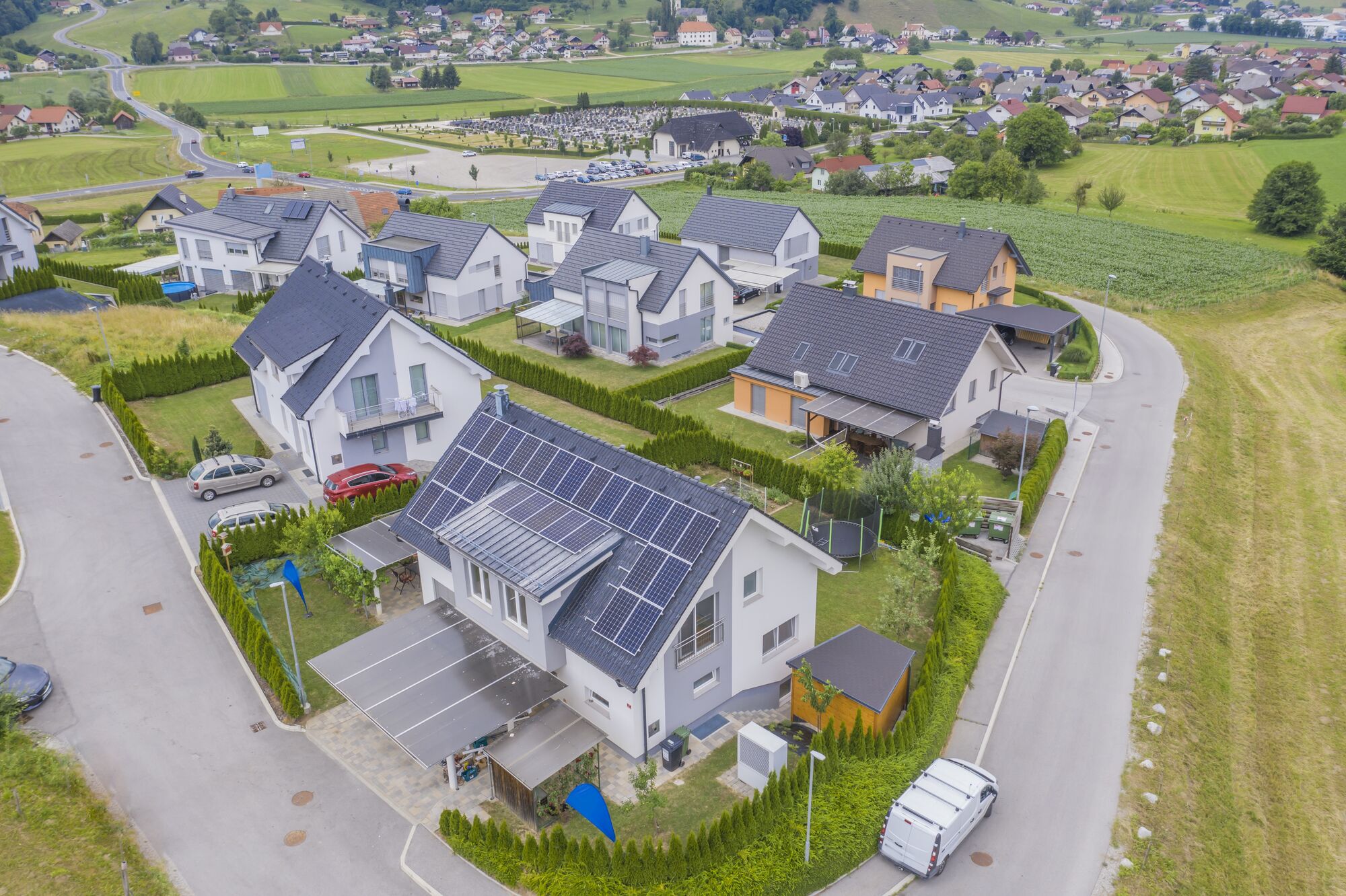 Homes with solar panels on their roofs (stock photo, to be replaced with a Dalex project photo)